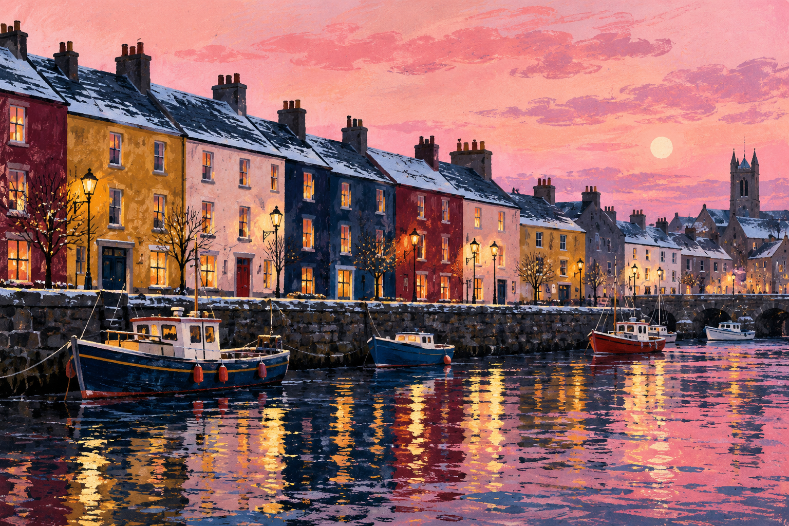 A painted postcard of colourful Galway waterfront houses on a winter evening